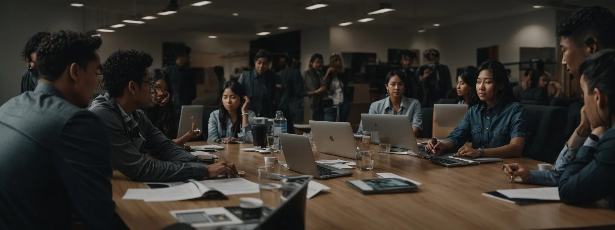 a group of focused individuals gathers around a large conference table with laptops, actively participating in an interactive seo workshop.