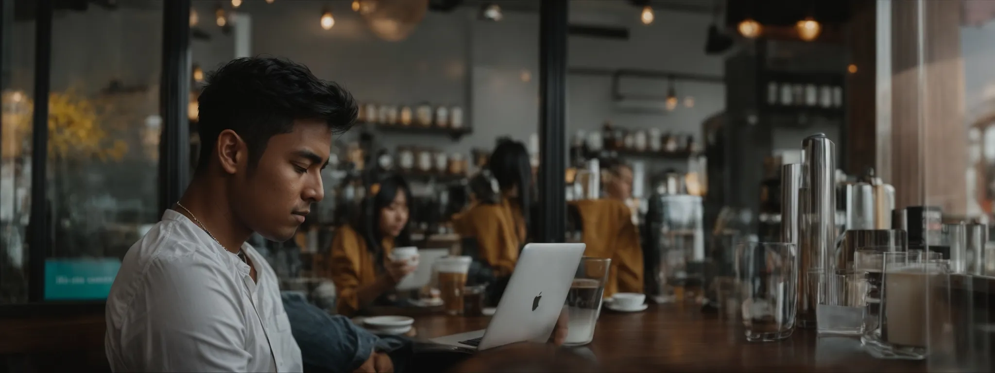 a person sits leisurely at a coffee shop, intently reading content on a laptop screen.
