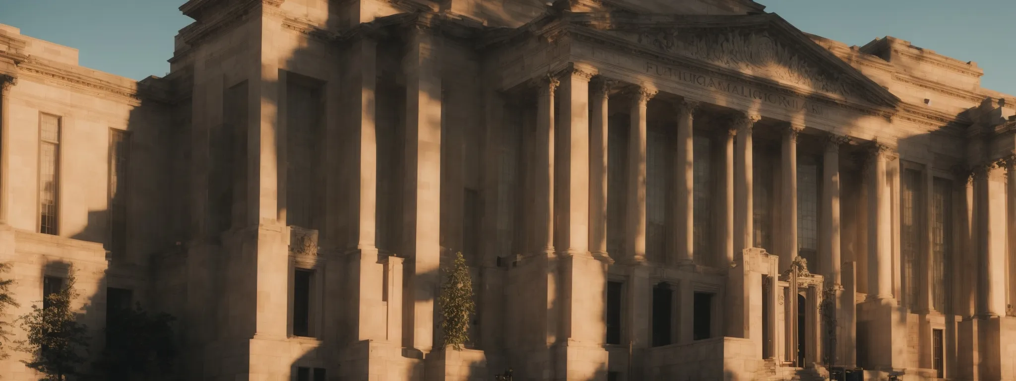 a towering courthouse imposingly stands bathed in the soft glow of the afternoon sun.