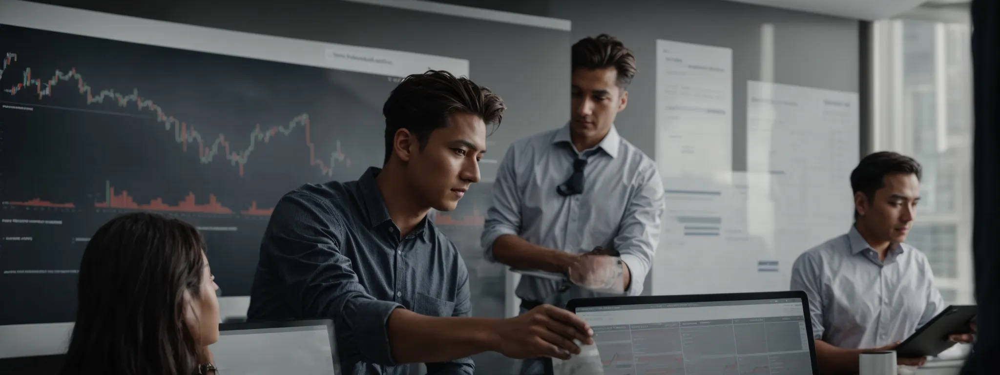 a marketing team analyzes graphs on a dashboard reflecting customer satisfaction metrics and service performance indicators.