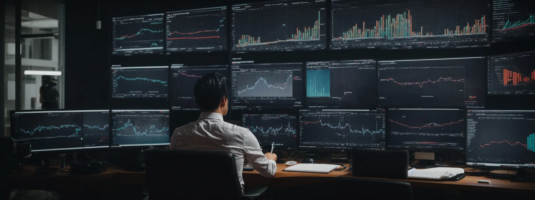 a person surrounded by screens displaying various graphs and charts illustrating website traffic and conversion rates.