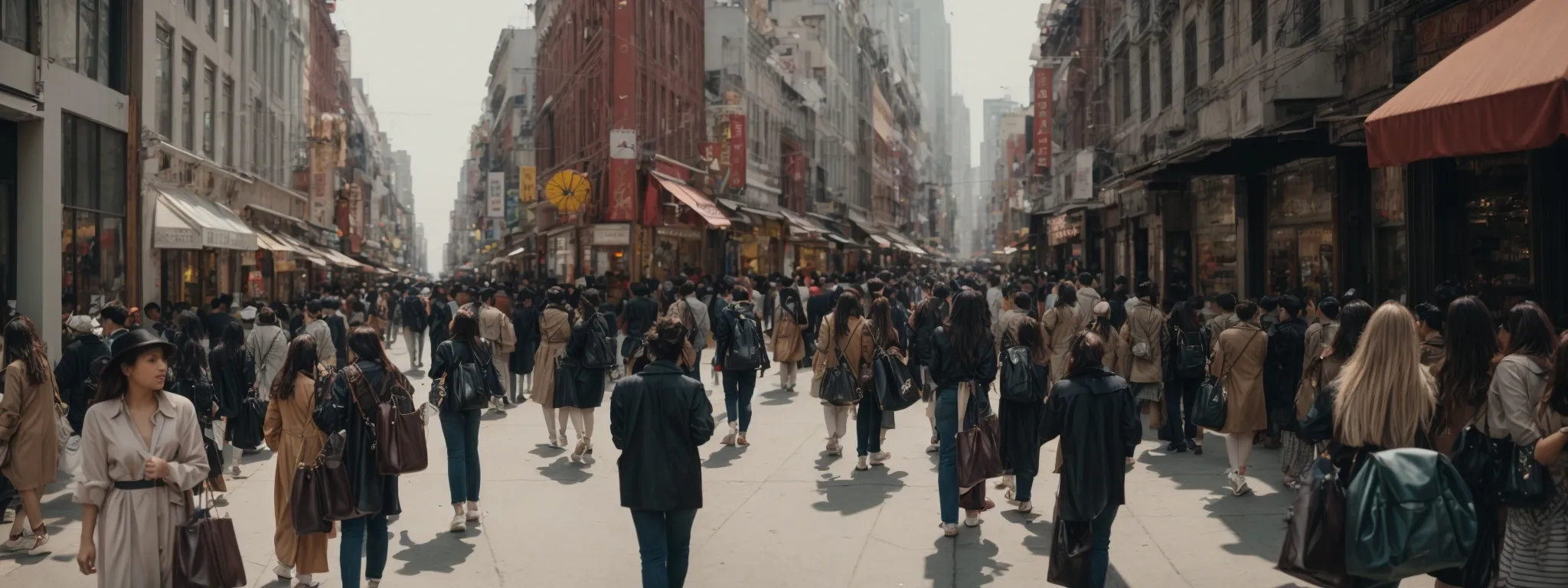 a panoramic view of a bustling fashion district with diverse storefronts and animated shoppers.