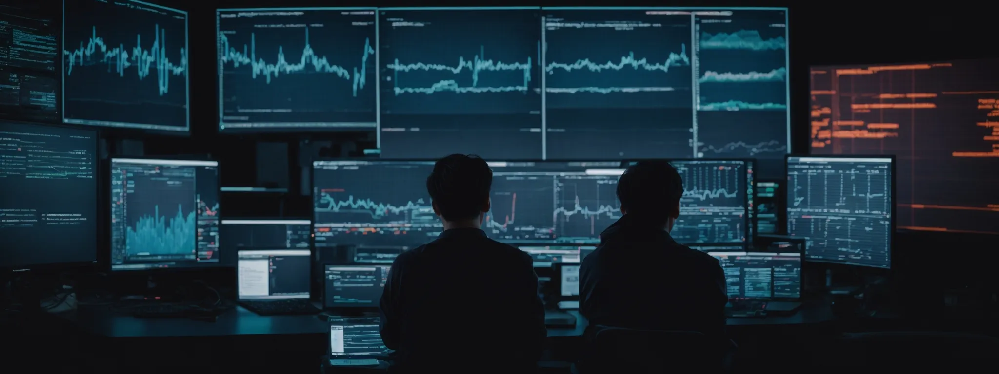 a person sits before a row of glowing computer screens, analyzing social media analytics and engagement graphs.