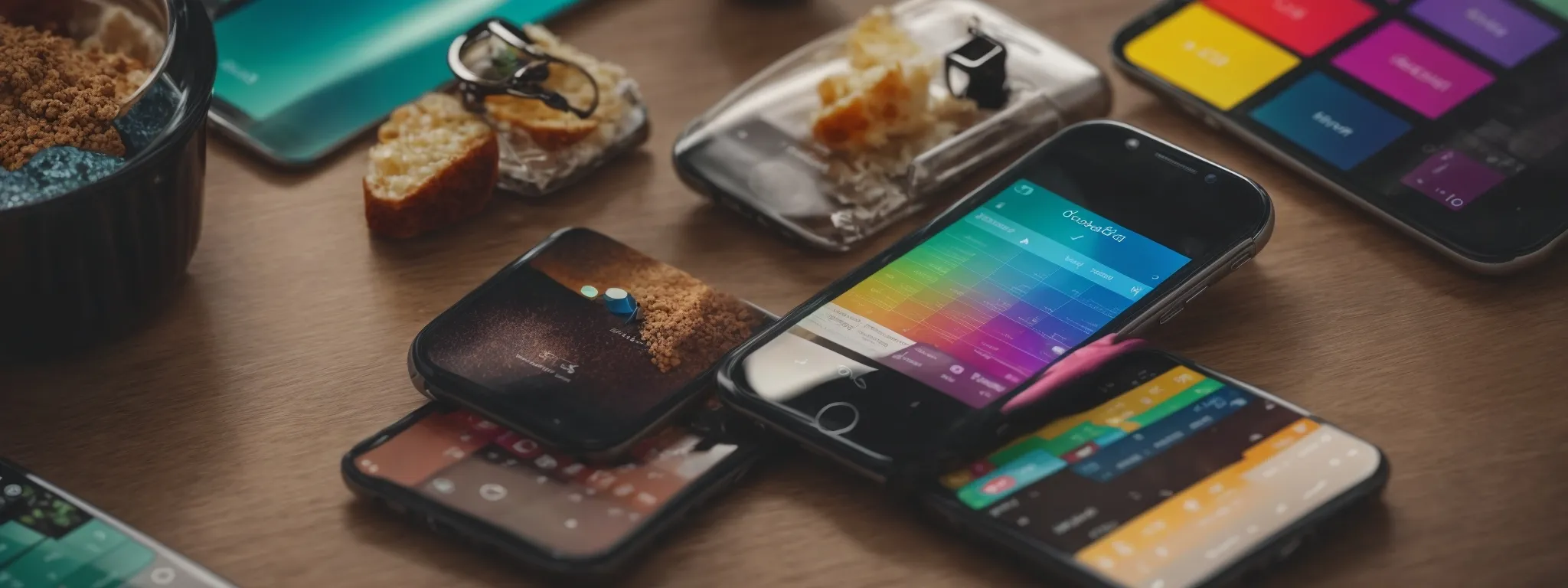 a smartphone displaying an instagram analytics dashboard with colorful charts and graphs, surrounded by marketing paraphernalia.