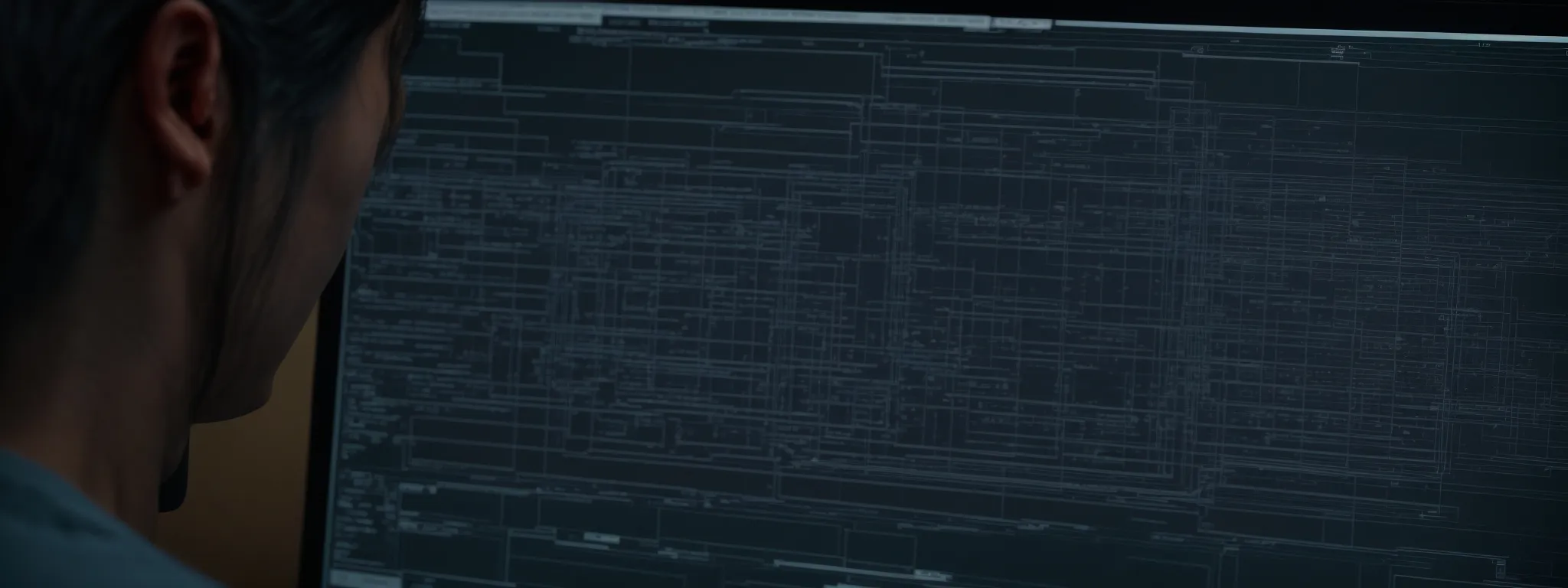 a person viewing an exposed wireframe of a website on a computer screen, symbolizing an in-depth seo analysis.