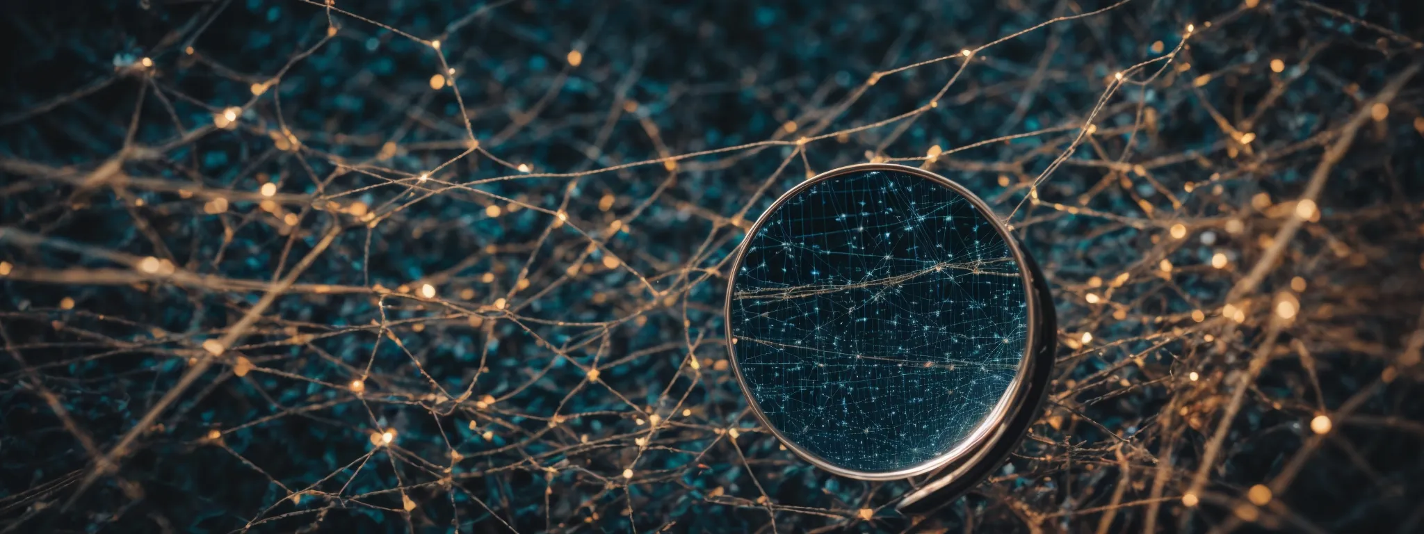 a magnifying glass over a network of interconnected nodes, symbolizing a deep analysis of web links.