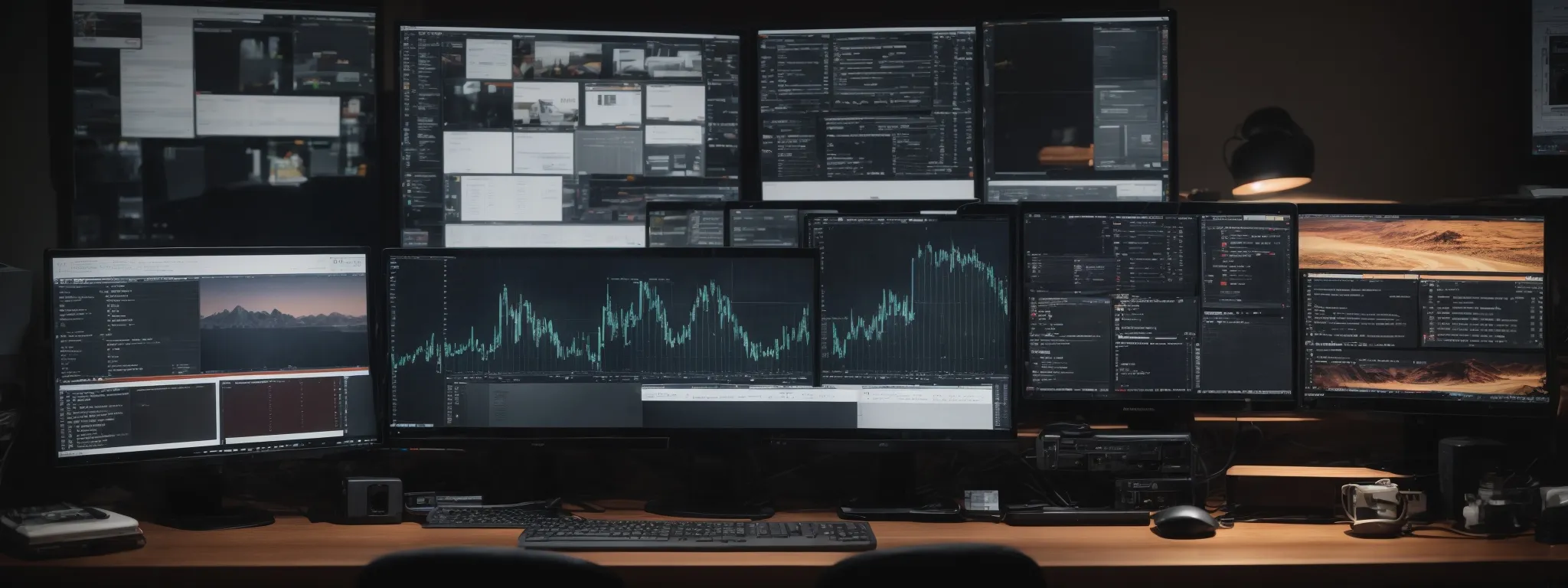 a developer's desk with multiple screens displaying website code and seo analysis tools.