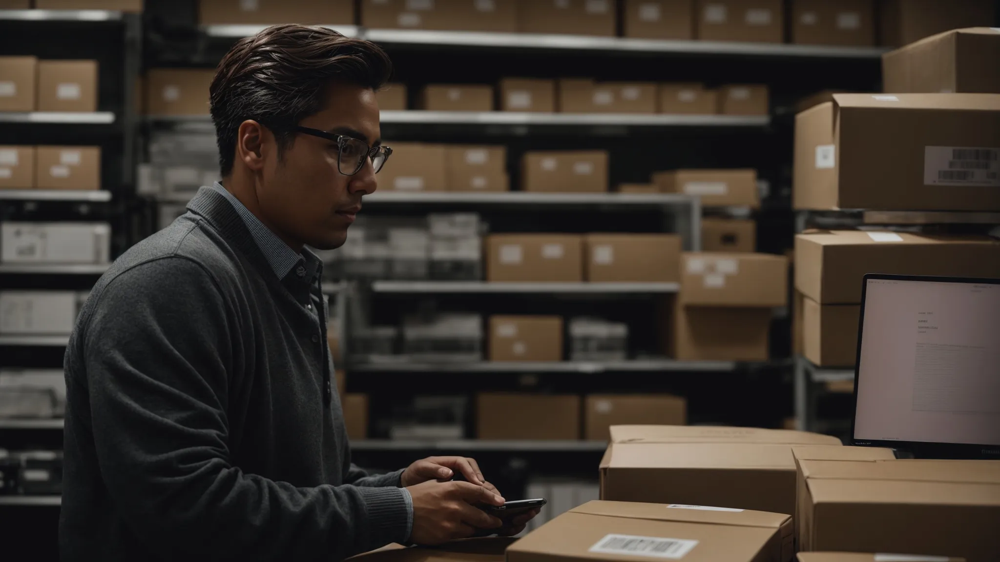 a business owner looks thoughtfully at three different labeled packages on a computer screen.