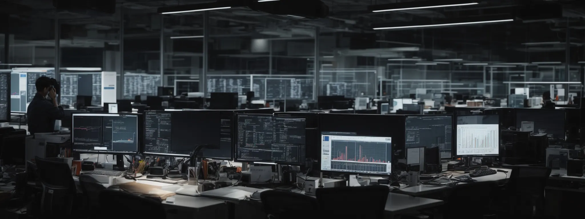 a bustling office with multiple computer screens displaying charts and analytics.