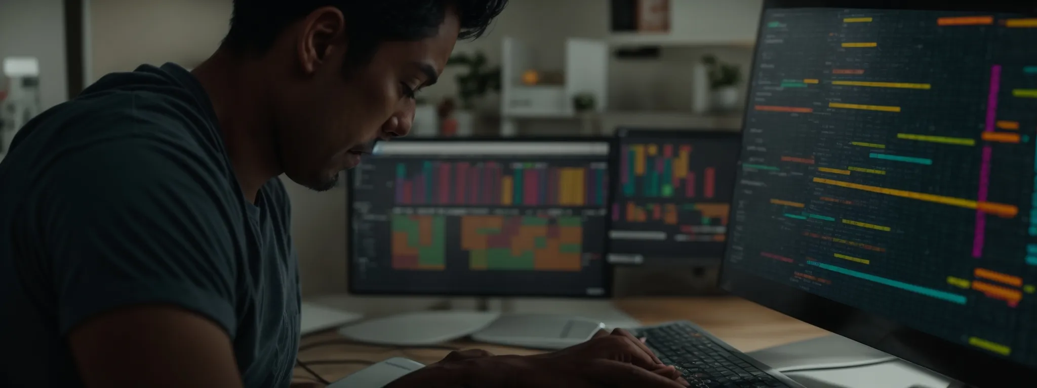 a marketer carefully analyzes a colorful spreadsheet with various title tag options on a computer screen.