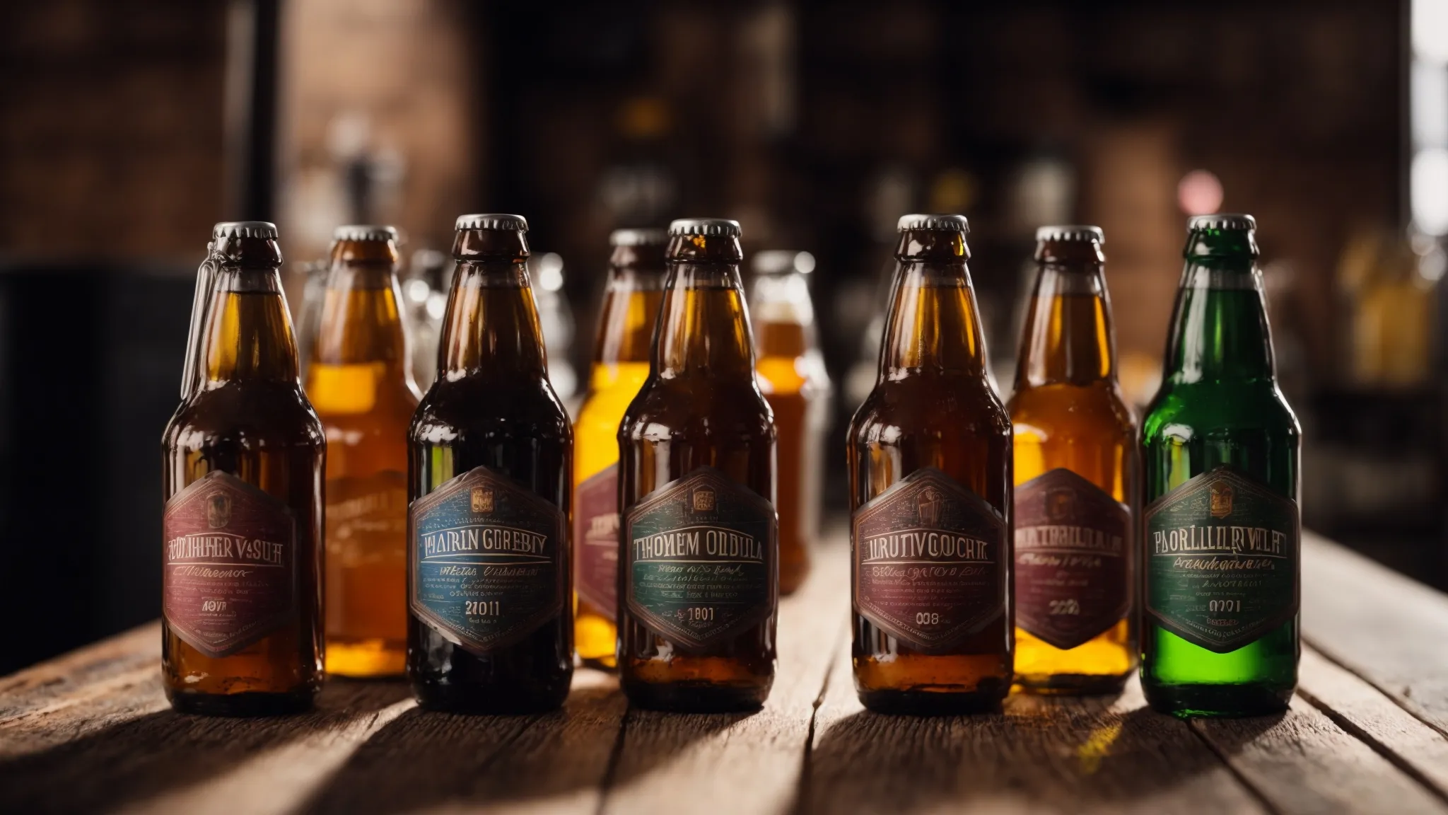 a row of colorful craft beer bottles lined up on a rustic wooden counter in a trendy brewery.