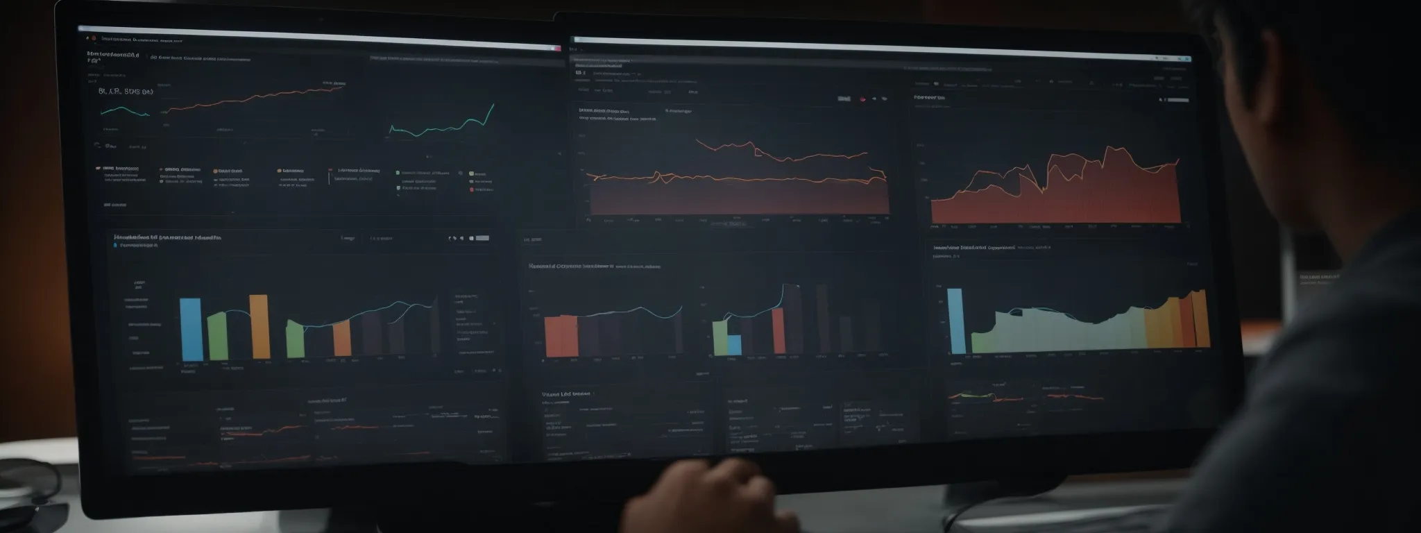 a person sets up a comprehensive, customized seo dashboard on a computer screen, displaying various data visualization charts and graphs.