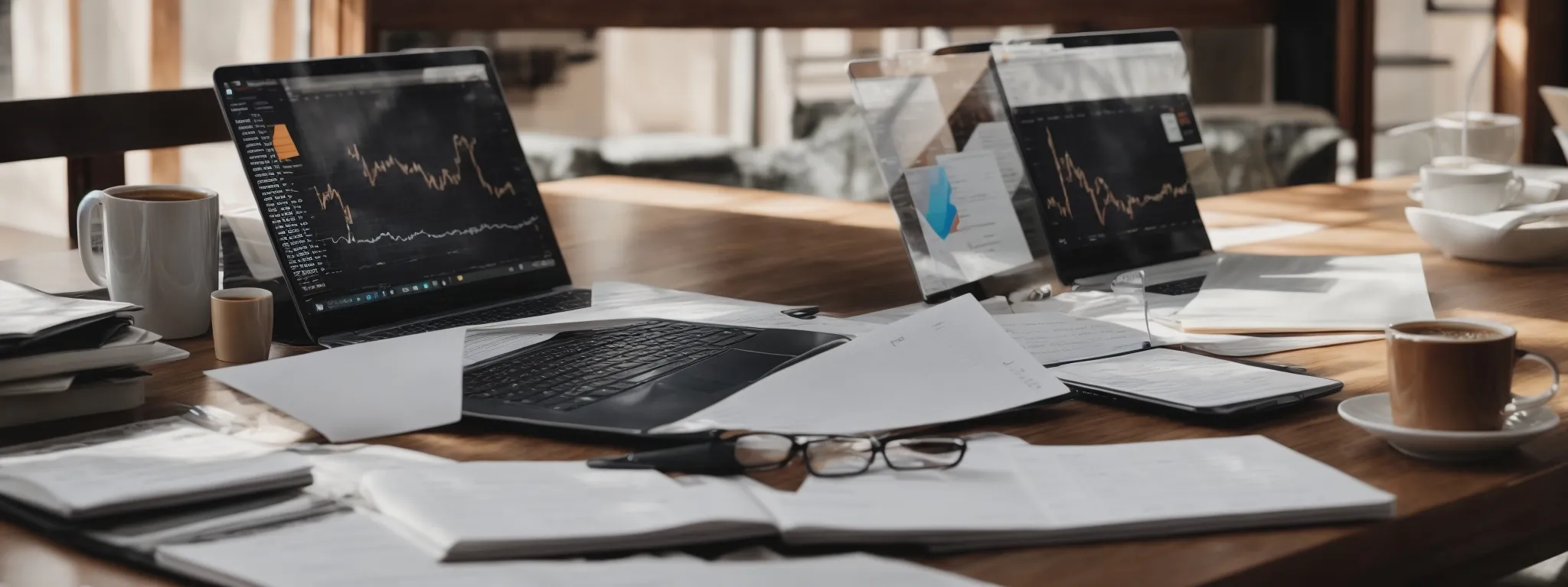Two laptops displaying stock charts sit on a cluttered wooden table with papers, notebooks, glasses, and cups of coffee in a well-lit room.