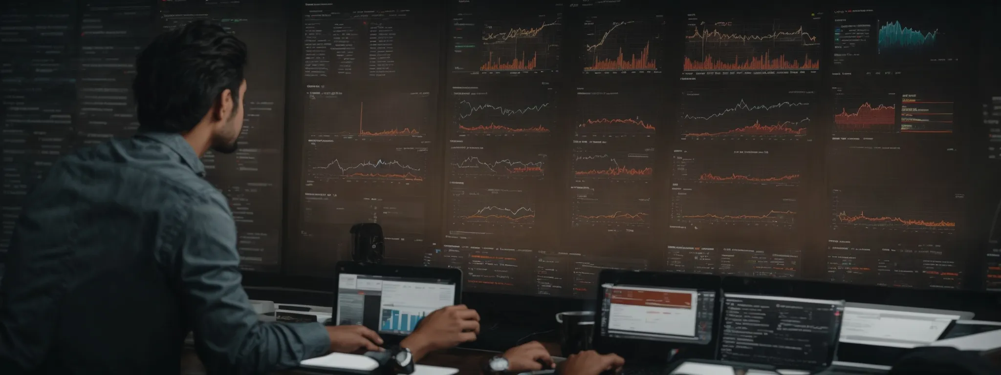 a web developer navigates a complex seo analytics dashboard demonstrating the performance of various brewery-related keywords.