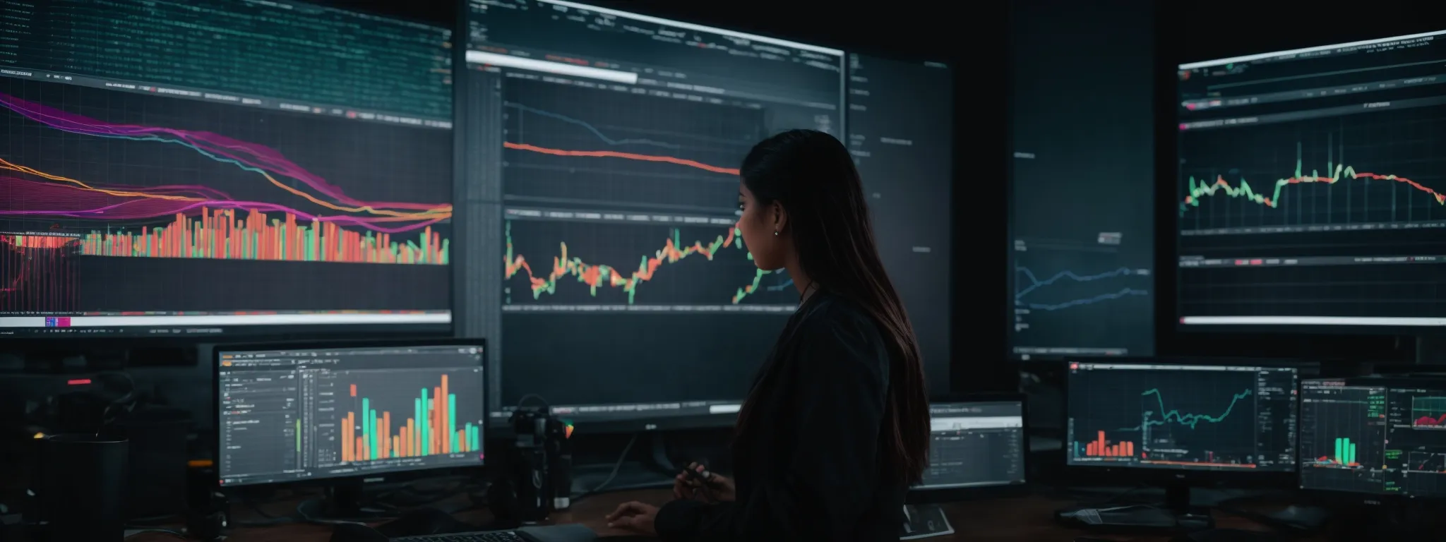 A person analyzes multiple financial charts and graphs on large computer screens in a dark office setting.