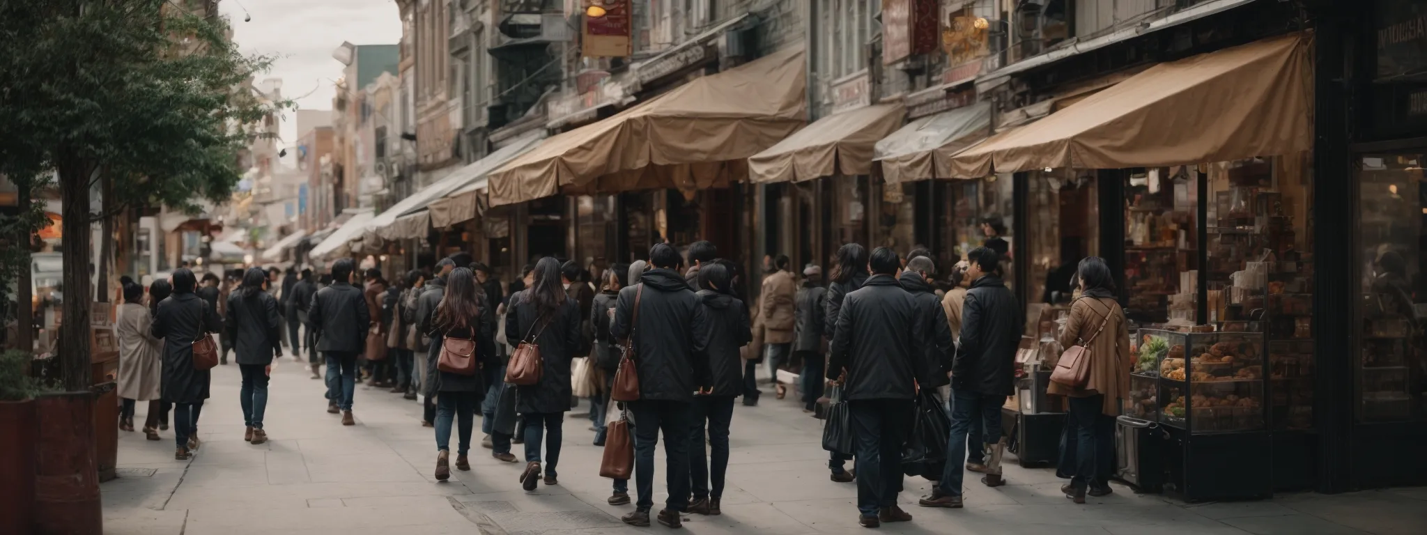 a bustling city street lined with diverse storefronts, bustling with potential customers interacting with their smartphones.