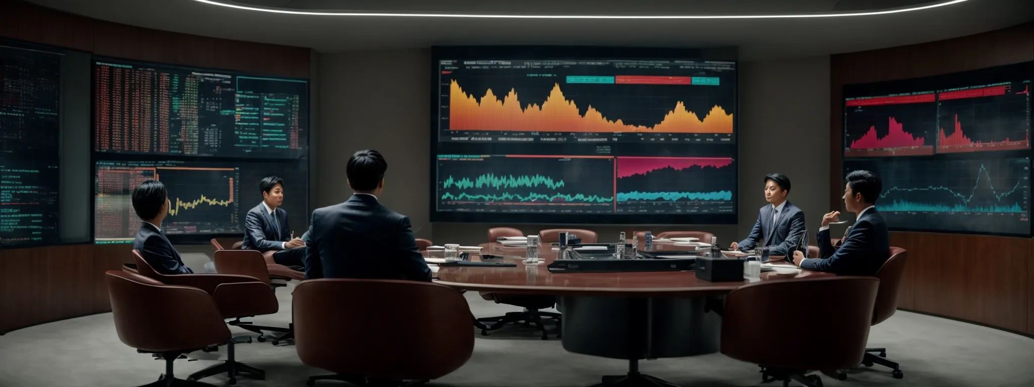 a boardroom with a large screen displaying colorful charts and graphs, where executives gather to analyze data.