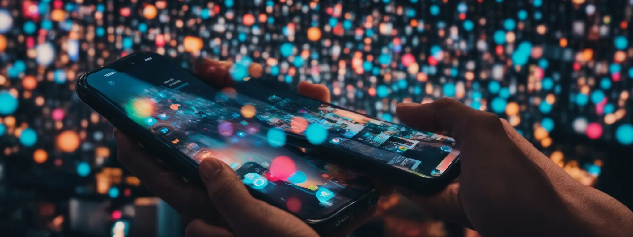 Two hands hold smartphones in front of a backdrop of colorful, blurred lights, with phone screens reflecting the illuminated scene.