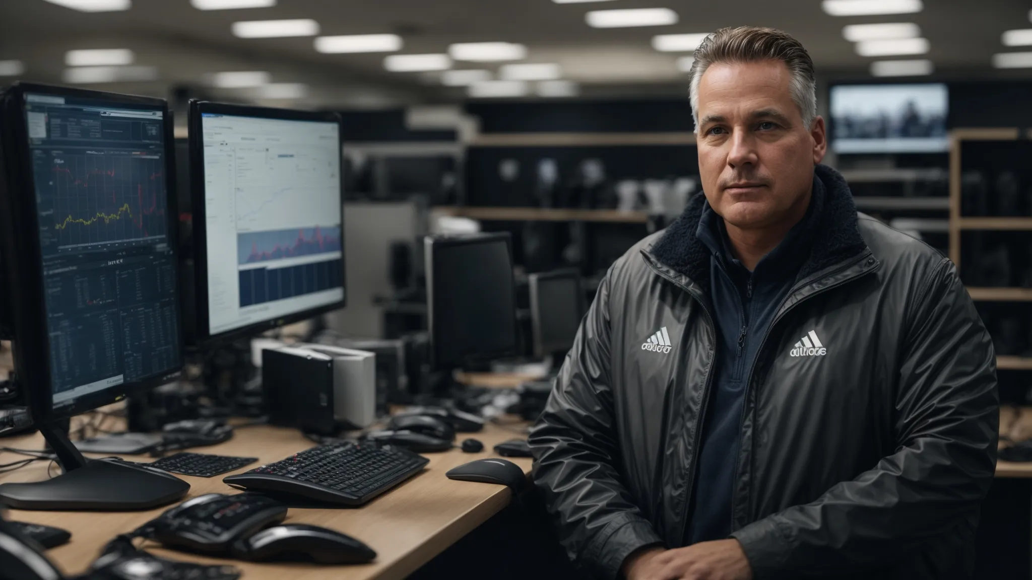 duane forrester stands confidently in sports direct inc's office, surrounded by monitors displaying website analytics and marketing metrics.