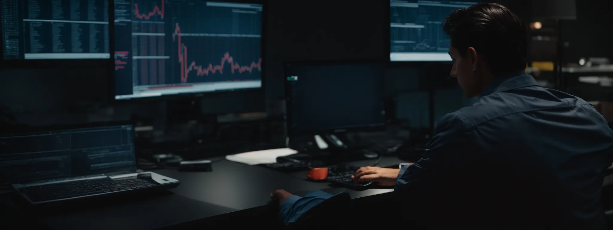a business professional analyzing data on a computer screen, highlighting seo performance metrics.