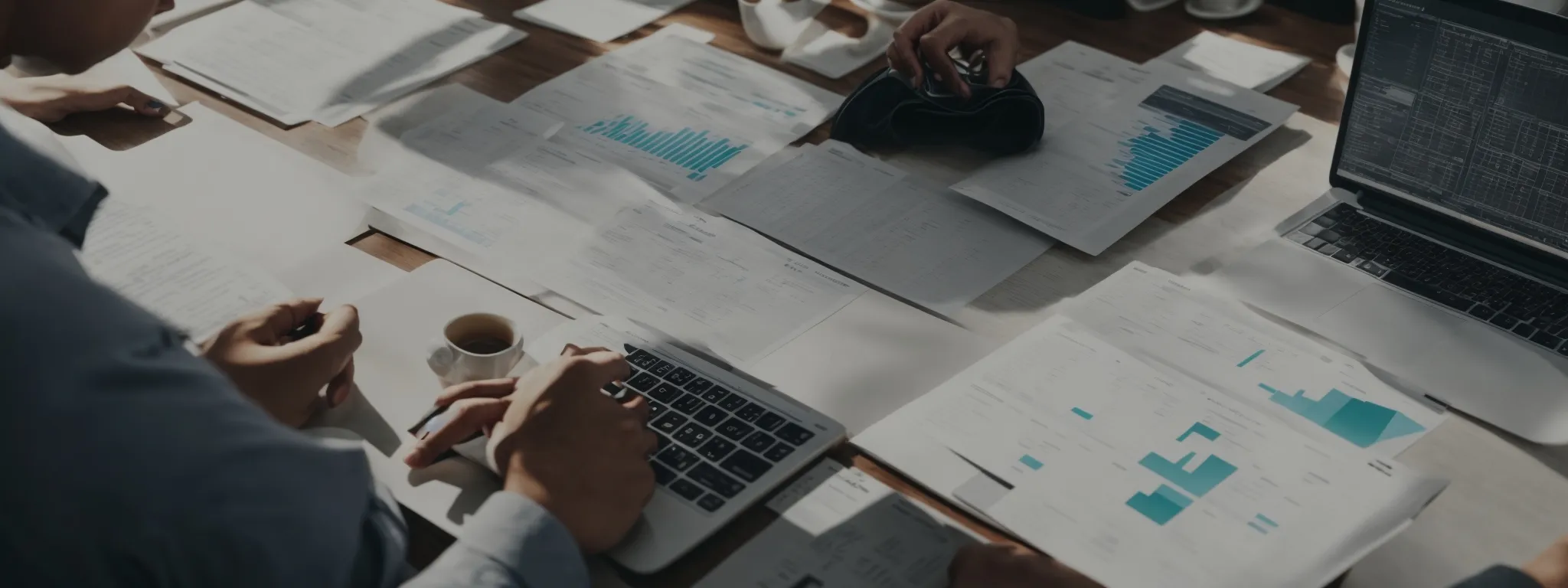 a person typing on a laptop surrounded by marketing strategy charts and diagrams.