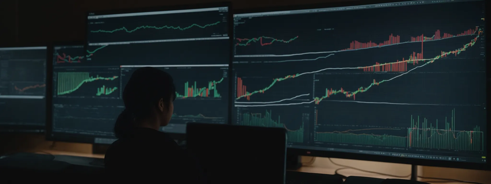 A person sits in front of multiple large monitors displaying various stock market charts and financial data in a dark room.
