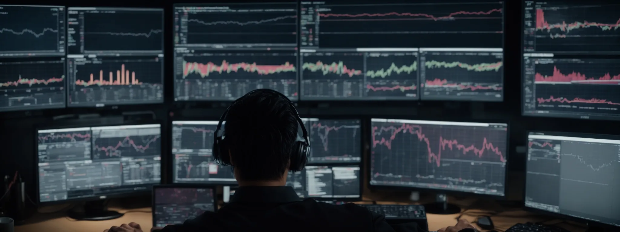 a person sitting at a desk with multiple screens displaying graphs and analytics dashboards.