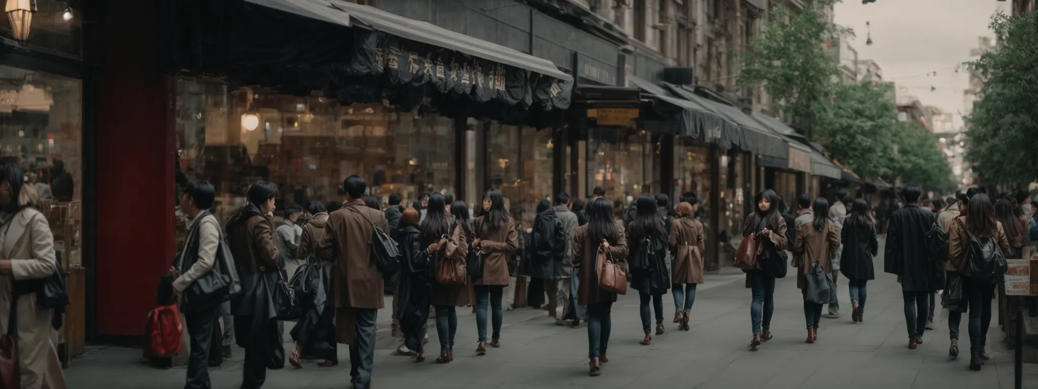 A busy city street with many people walking past shopfronts on a cloudy day.
