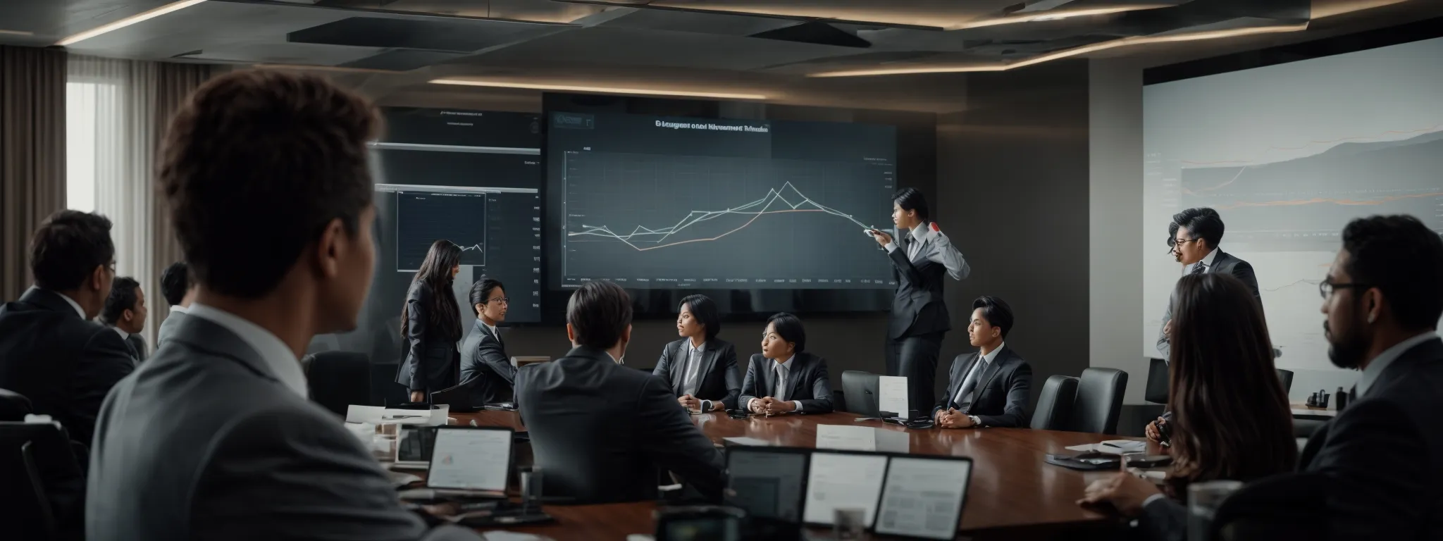 a boardroom with a large digital screen displaying graphs and analytics while a diverse team of professionals engage in strategic discussion.