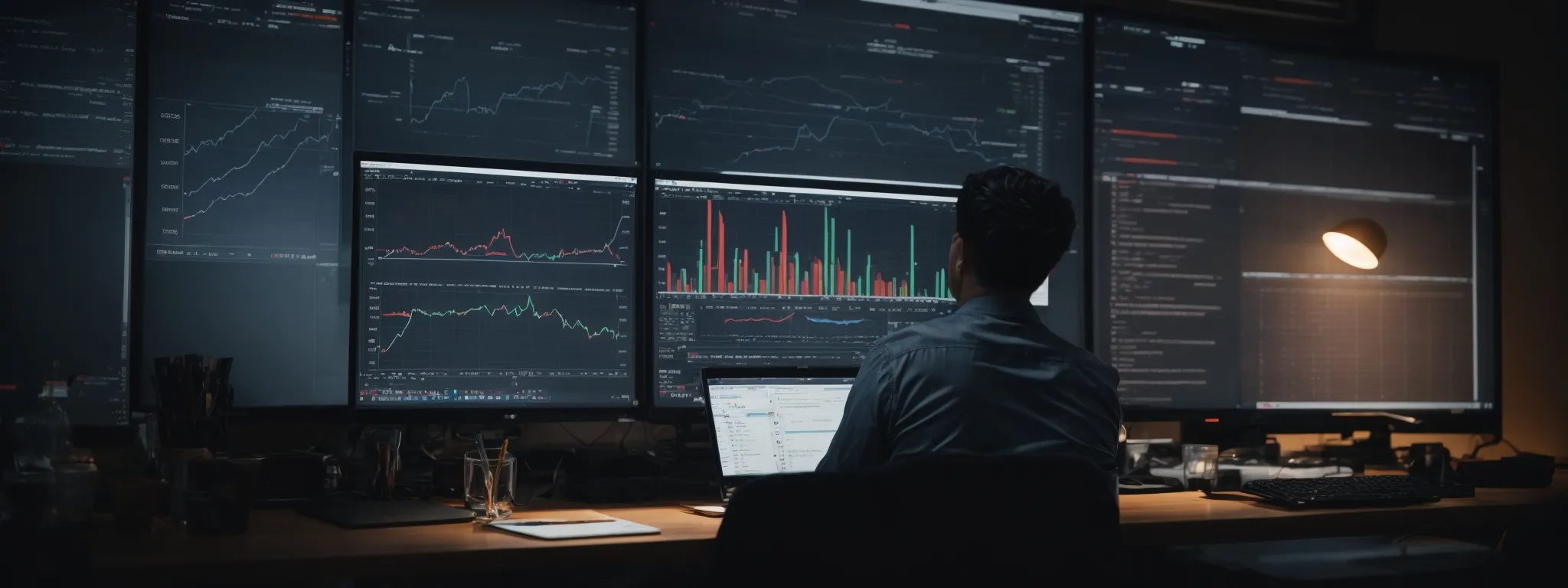 a person sitting at a computer, analyzing graphs and charts that represent website analytics and seo performance metrics.
