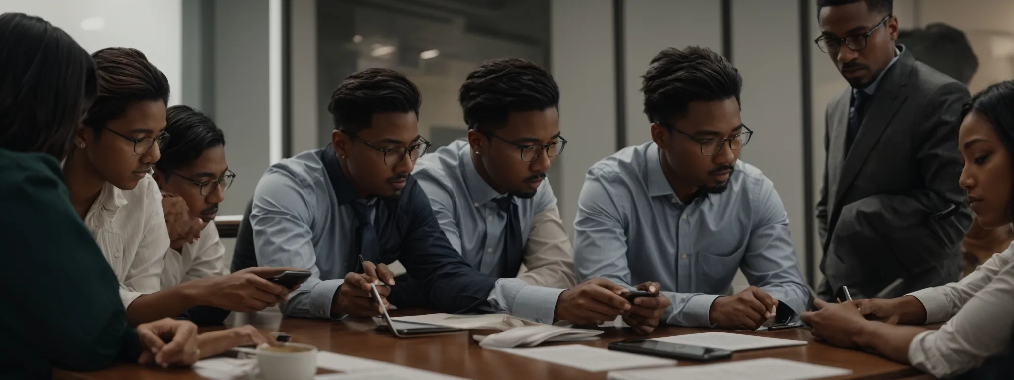 a group of focused professionals gathered around a conference table, discussing over graphs and charts on a digital tablet.