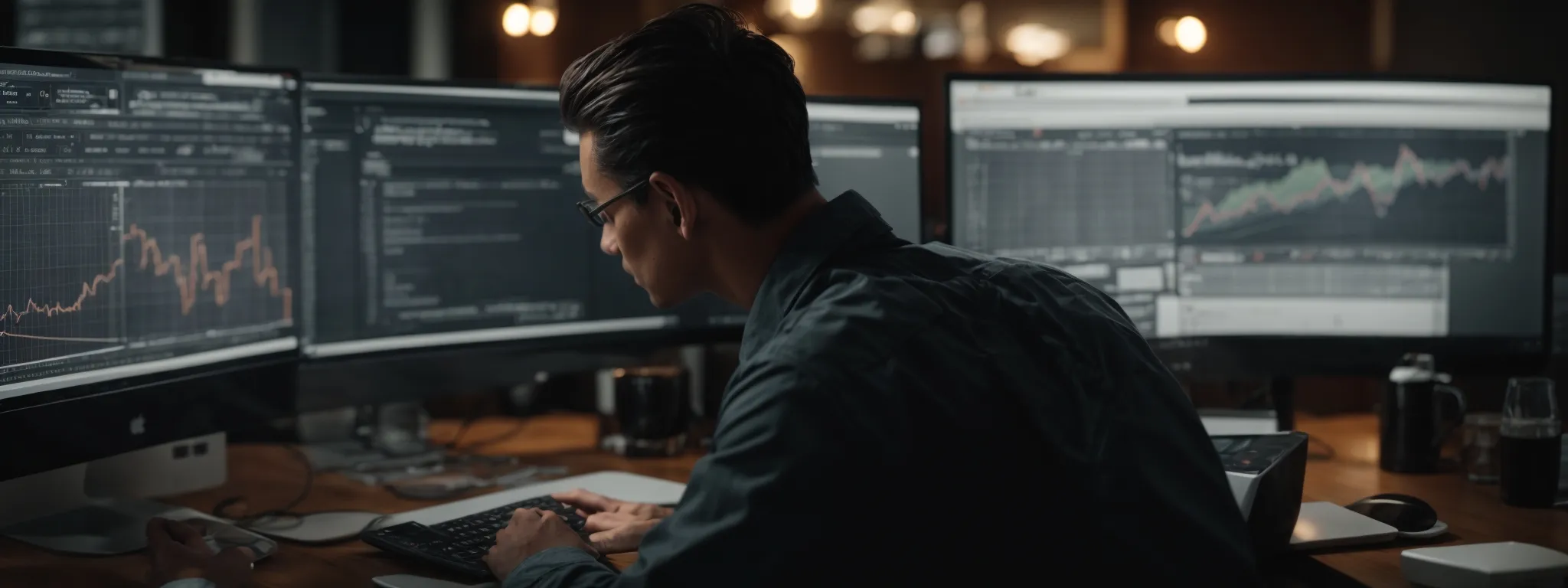 a web designer analyzes seo metrics on a computer screen, strategizing link-building.