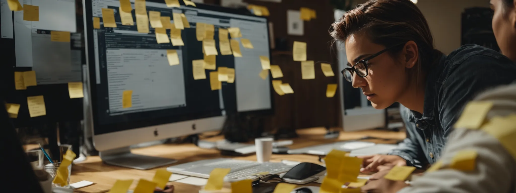 a blogger intently stares at a computer screen, surrounded by sticky notes and seo books, illustrating the strategic planning of a successful blogging venture.