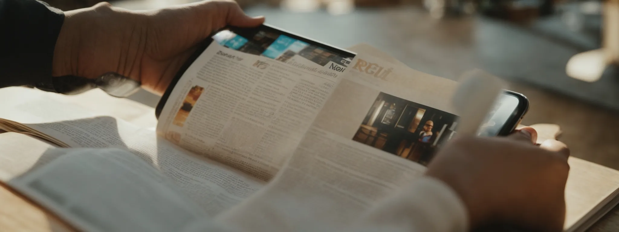 a person casually swiping through a news article on a smartphone while sitting in a sunlit cafe.