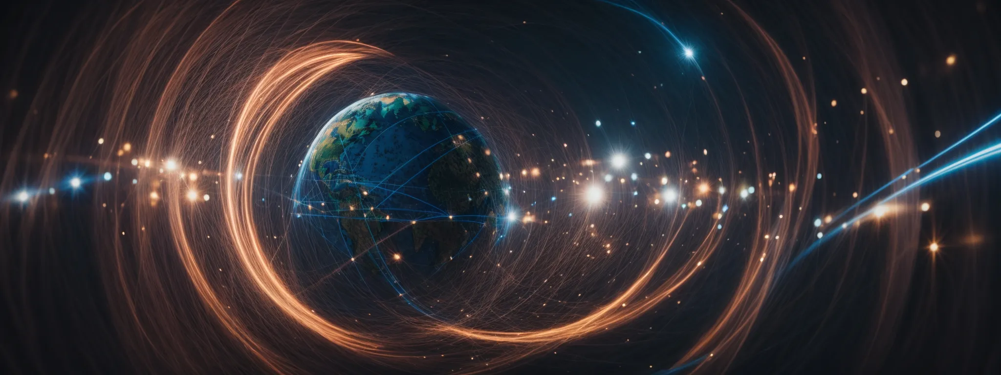 a globe encircled by speeding light trails to symbolize swift data transfer across a global network.