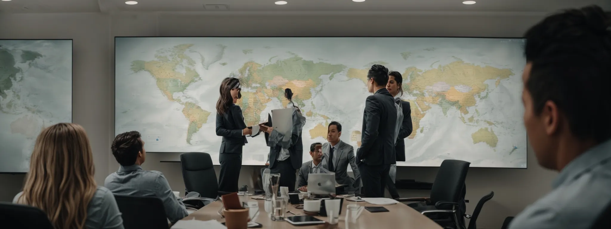 a marketing team in a meeting room strategizing with a digital world map projection on the wall.