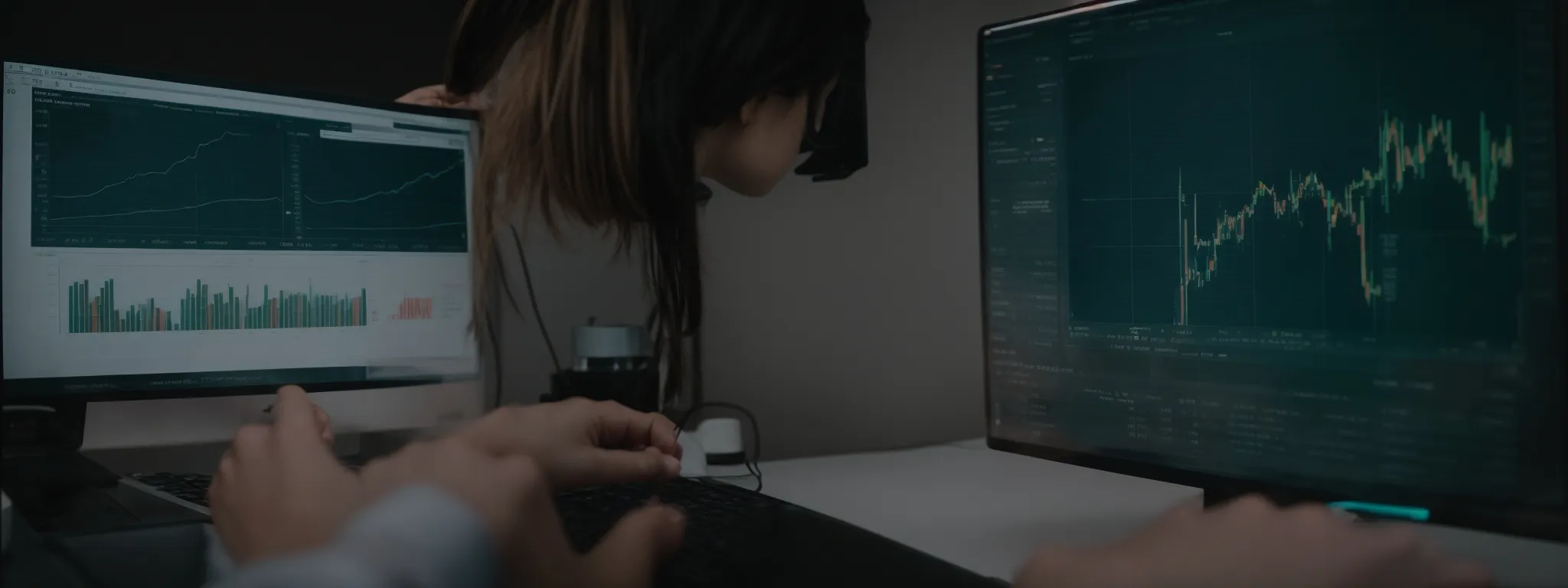 Person working at a desk with two computer monitors displaying charts and graphs, while another person looks at one of the screens.