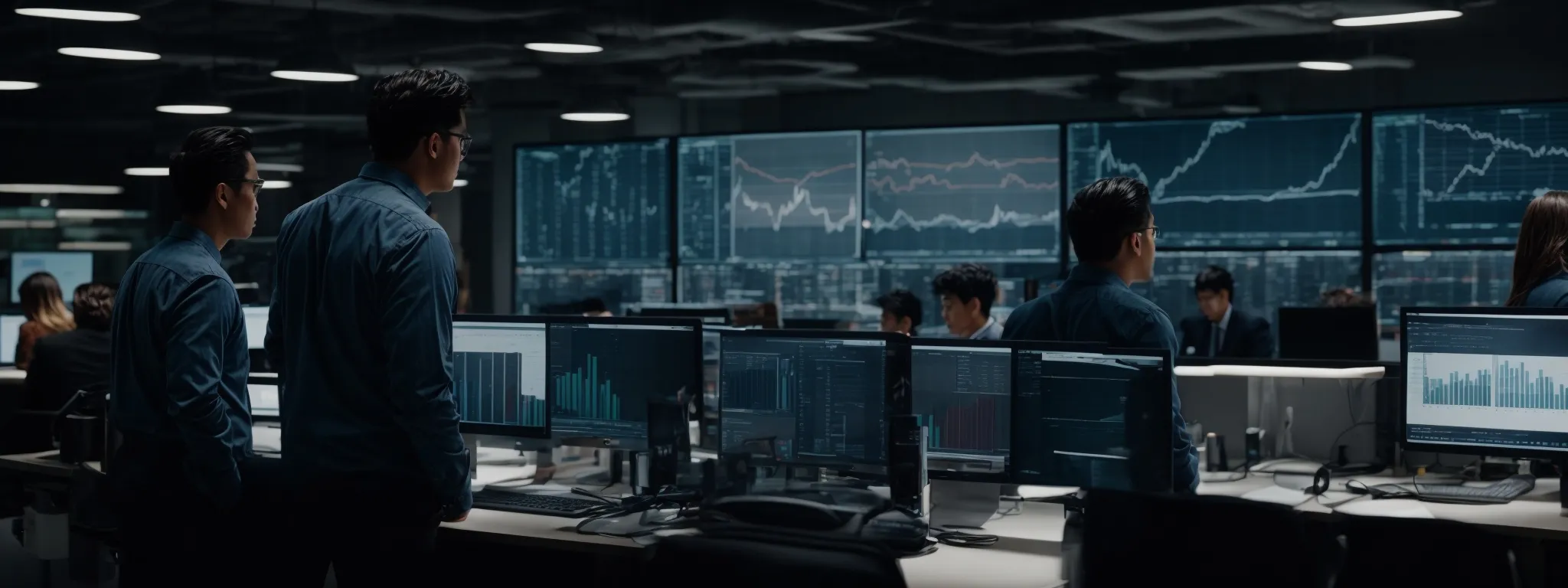 a focused team analyzing data analytics on large computer screens in a modern office.