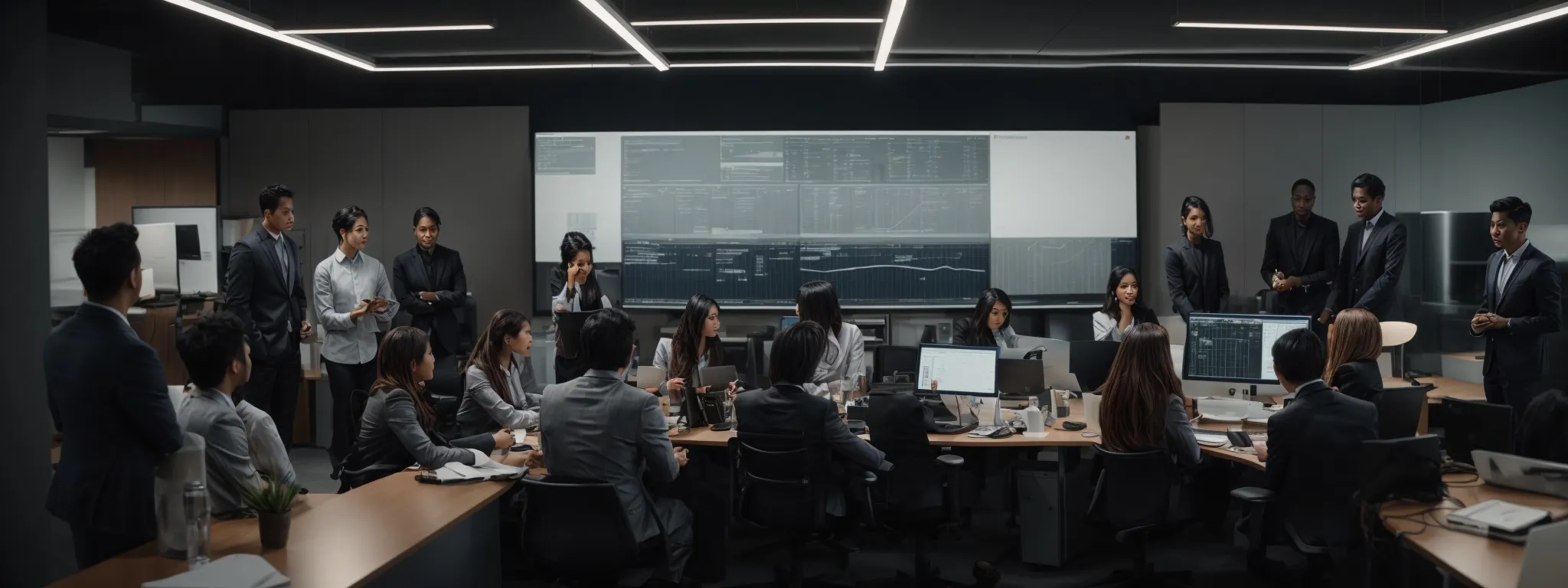 a professional team in a modern office brainstorming over a digital strategy on a large screen.