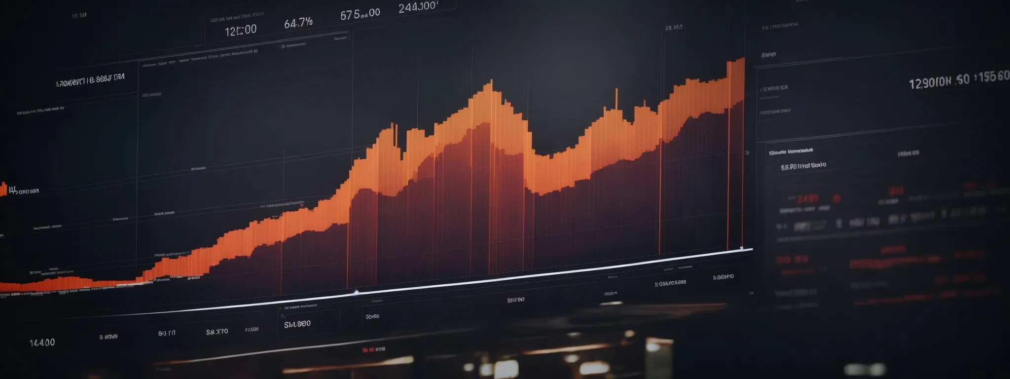 a dynamic bar graph rising incrementally against a backdrop of a digital marketing dashboard reflecting increased website traffic and revenue growth.