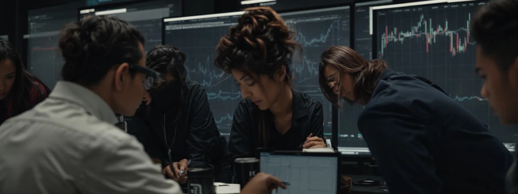 a diverse team of professionals intently analyzes graphs on a large monitor, strategizing their next marketing move.