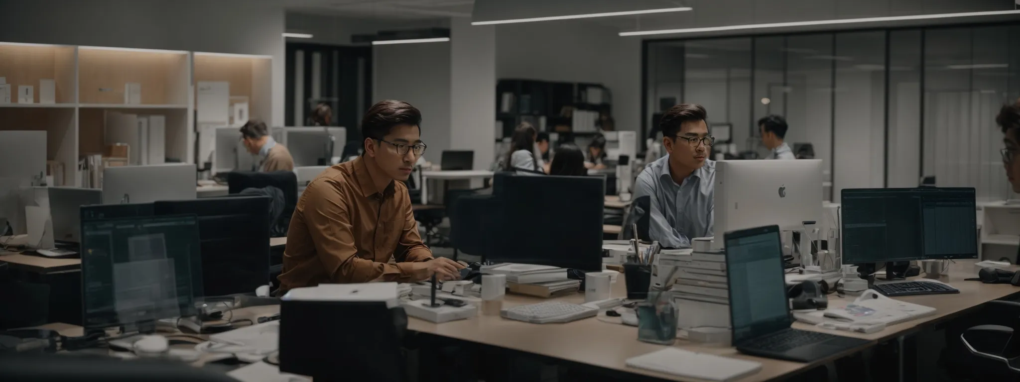 a designer discussing strategy with peers in a modern office filled with computers and design reference materials.