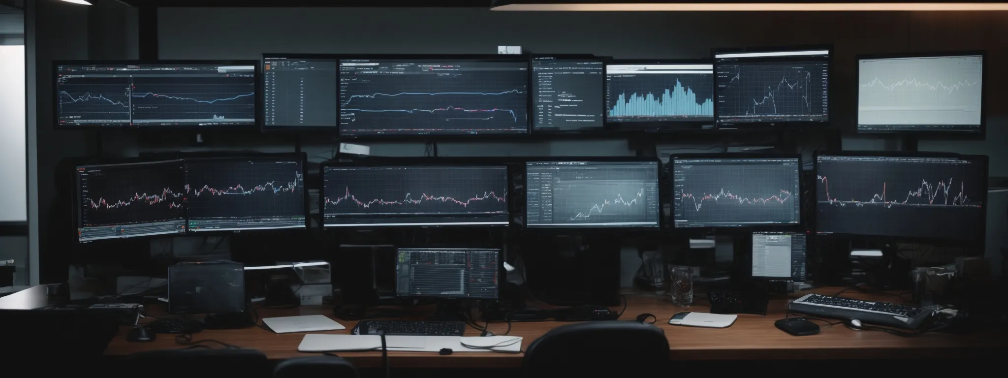 A workstation with multiple computer monitors displays financial charts and long-tail keywords data in a dimly lit office environment.