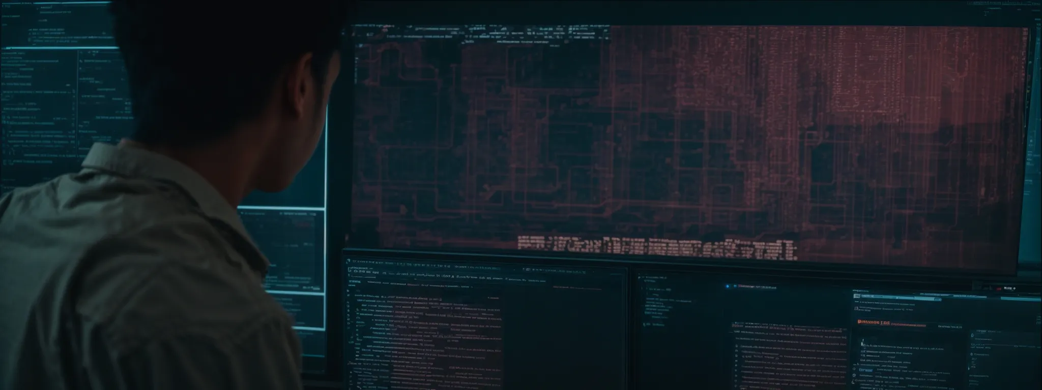 a person in front of a large computer screen displaying a website with python code visible in the background.