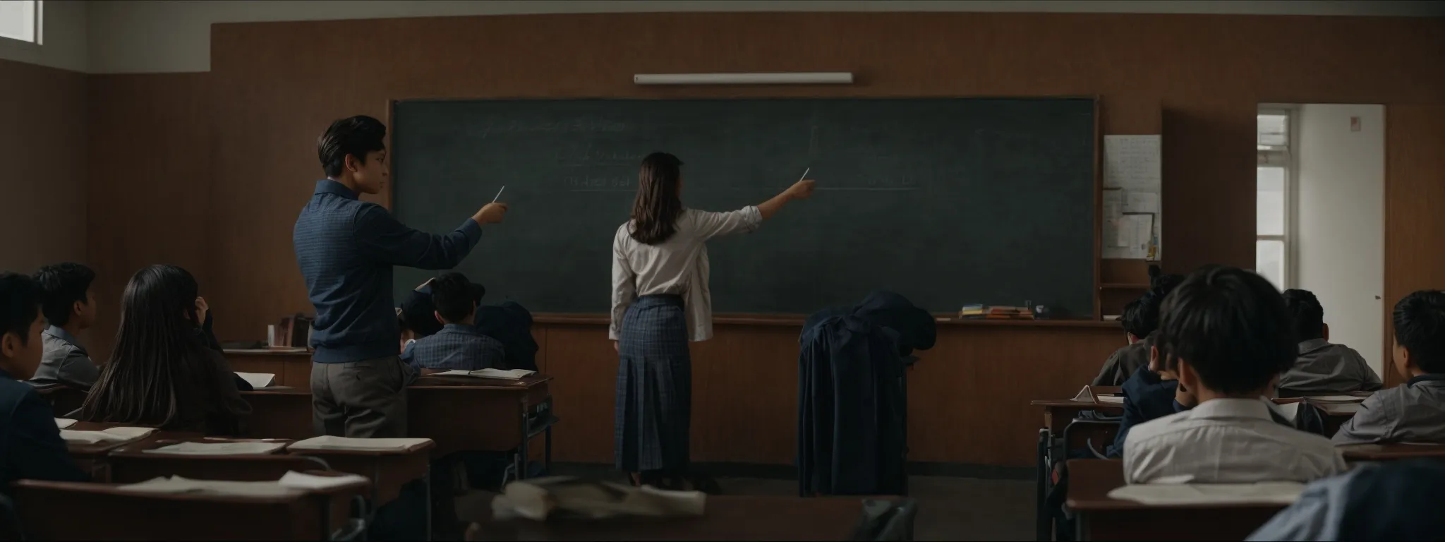 a classic classroom scene with an open grammar book revealing the chapter on conjunctions and a teacher pointing at the blackboard with related examples.