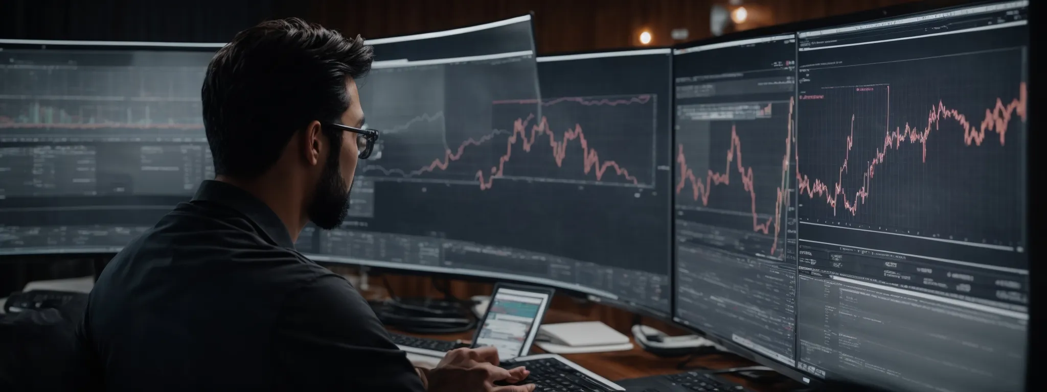a professional analyzing detailed graphs and charts on a large monitor displaying search engine results and keyword performance.