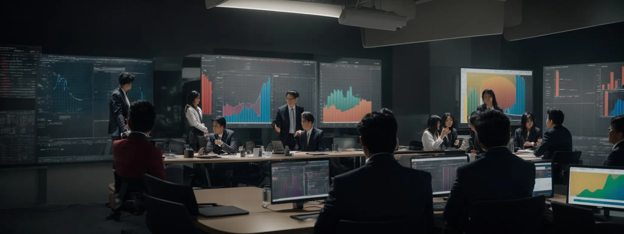 a group of professionals gathered around a large screen displaying colorful graphs and charts, intensely discussing strategies.