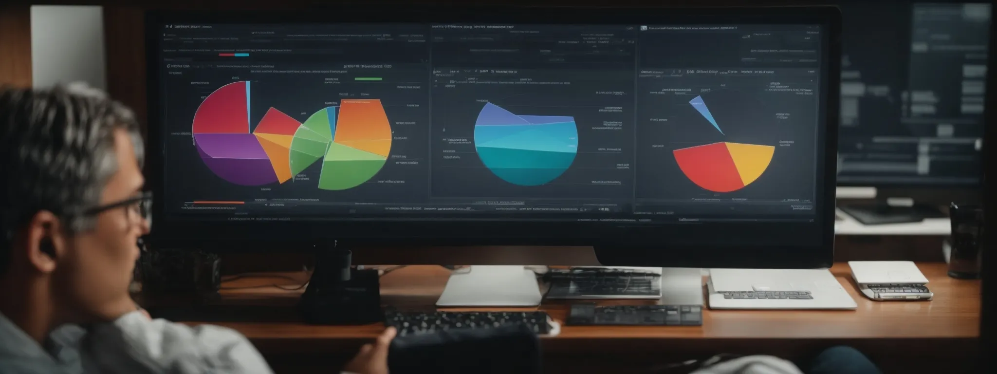 a person analyzing a colorful pie chart and graphs on a computer screen, illustrating data analytics in keyword research.