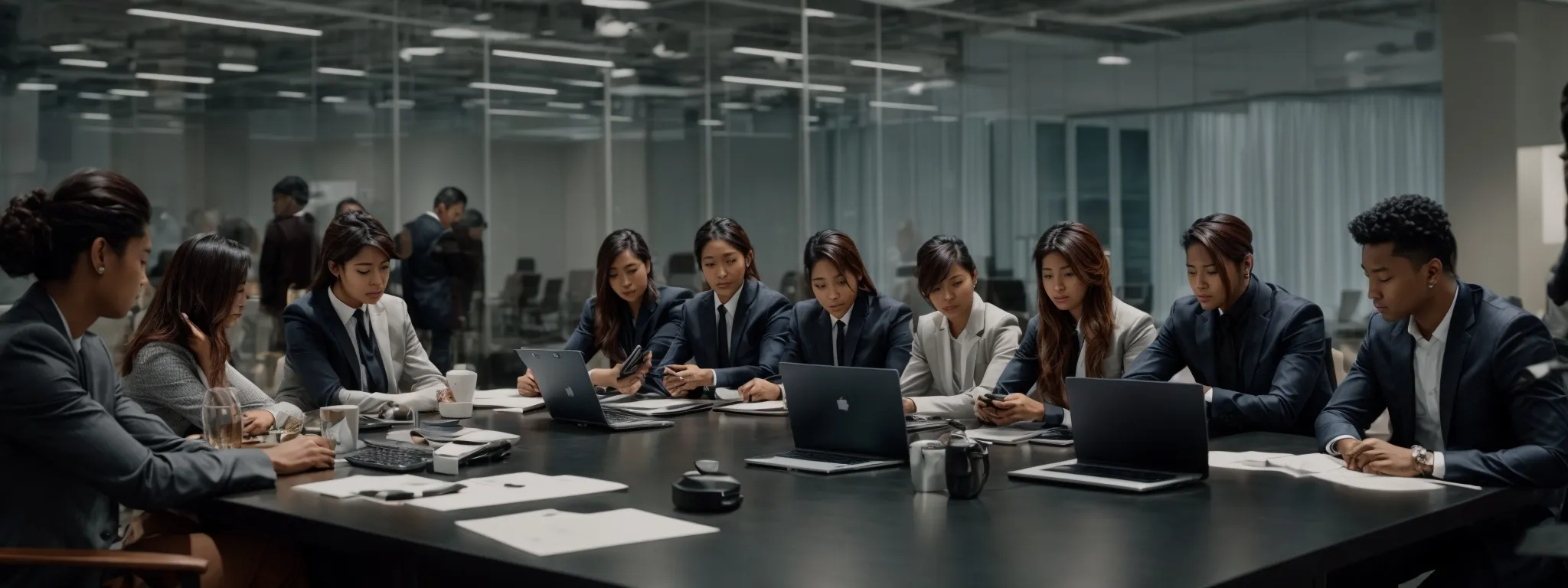 a team gathers around a conference table with laptops and smartphones, strategizing amidst a social media interface backdrop.