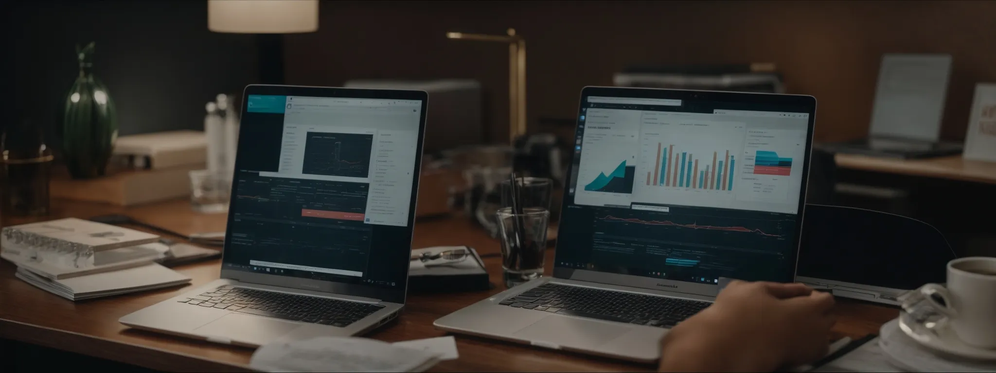 a laptop with analytics displayed on screen, surrounded by marketing strategy documents and a pair of glasses atop a desk.